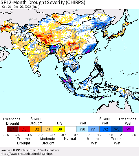 Asia SPI 2-Month Drought Severity (CHIRPS) Thematic Map For 10/21/2022 - 12/20/2022