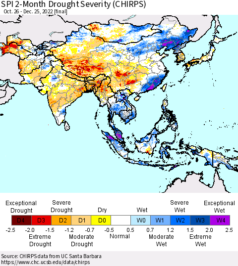 Asia SPI 2-Month Drought Severity (CHIRPS) Thematic Map For 10/26/2022 - 12/25/2022