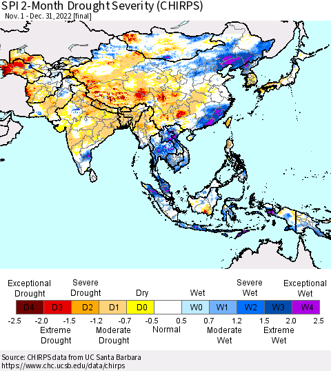 Asia SPI 2-Month Drought Severity (CHIRPS) Thematic Map For 11/1/2022 - 12/31/2022