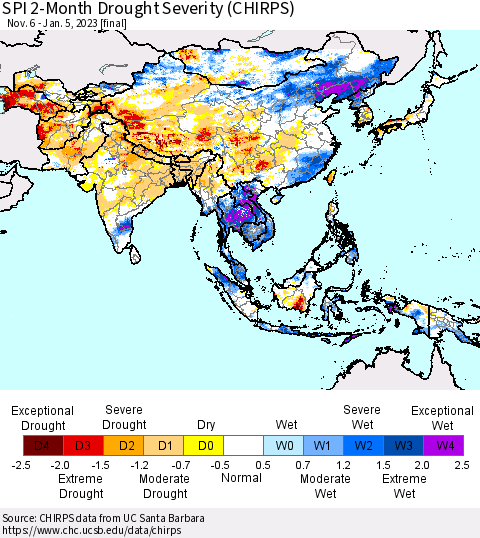 Asia SPI 2-Month Drought Severity (CHIRPS) Thematic Map For 11/6/2022 - 1/5/2023
