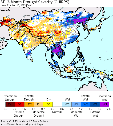 Asia SPI 2-Month Drought Severity (CHIRPS) Thematic Map For 11/11/2022 - 1/10/2023
