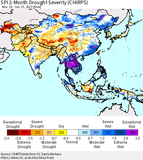 Asia SPI 2-Month Drought Severity (CHIRPS) Thematic Map For 11/16/2022 - 1/15/2023