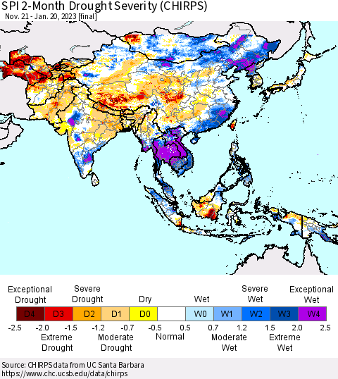 Asia SPI 2-Month Drought Severity (CHIRPS) Thematic Map For 11/21/2022 - 1/20/2023