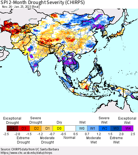 Asia SPI 2-Month Drought Severity (CHIRPS) Thematic Map For 11/26/2022 - 1/25/2023