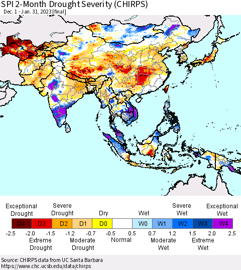 Asia SPI 2-Month Drought Severity (CHIRPS) Thematic Map For 12/1/2022 - 1/31/2023