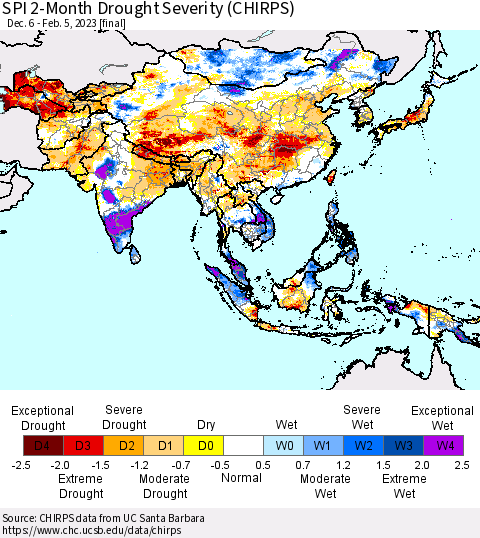 Asia SPI 2-Month Drought Severity (CHIRPS) Thematic Map For 12/6/2022 - 2/5/2023
