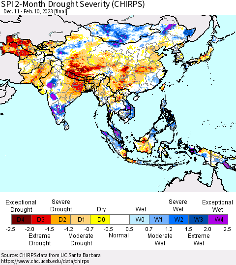 Asia SPI 2-Month Drought Severity (CHIRPS) Thematic Map For 12/11/2022 - 2/10/2023