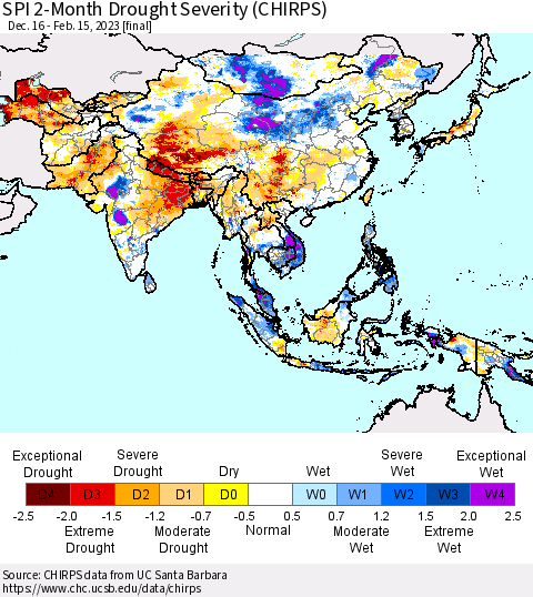 Asia SPI 2-Month Drought Severity (CHIRPS) Thematic Map For 12/16/2022 - 2/15/2023