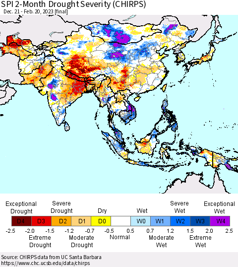 Asia SPI 2-Month Drought Severity (CHIRPS) Thematic Map For 12/21/2022 - 2/20/2023
