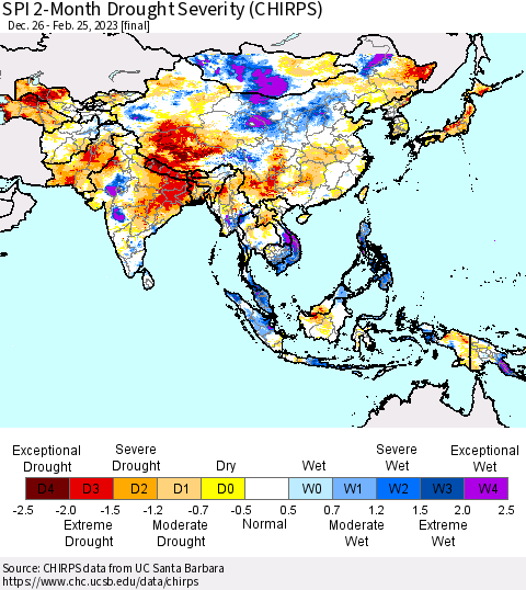 Asia SPI 2-Month Drought Severity (CHIRPS) Thematic Map For 12/26/2022 - 2/25/2023