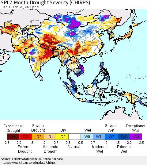 Asia SPI 2-Month Drought Severity (CHIRPS) Thematic Map For 1/1/2023 - 2/28/2023