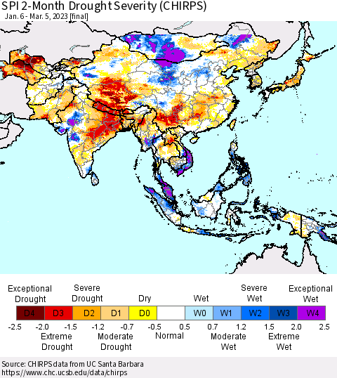 Asia SPI 2-Month Drought Severity (CHIRPS) Thematic Map For 1/6/2023 - 3/5/2023