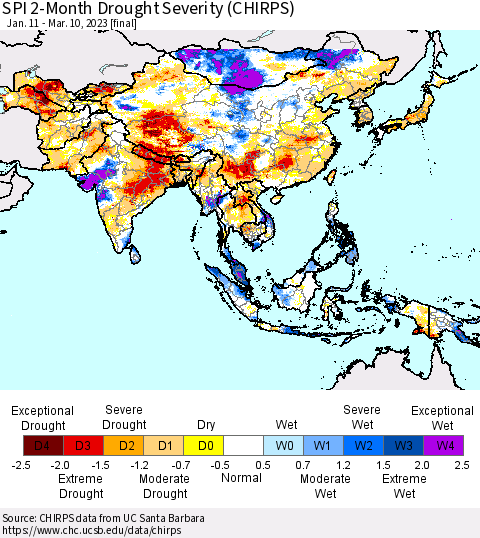 Asia SPI 2-Month Drought Severity (CHIRPS) Thematic Map For 1/11/2023 - 3/10/2023