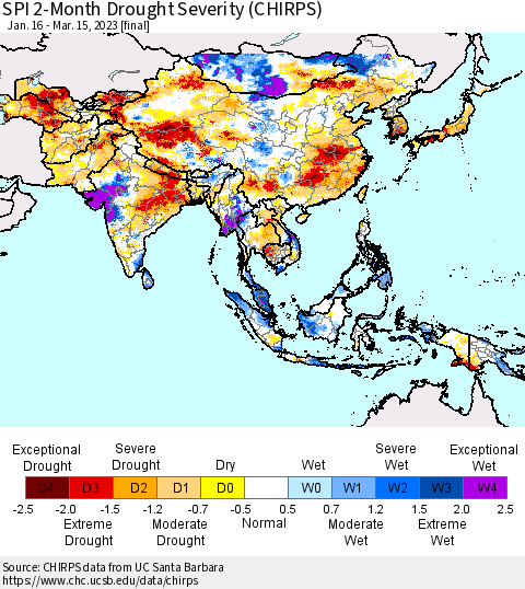 Asia SPI 2-Month Drought Severity (CHIRPS) Thematic Map For 1/16/2023 - 3/15/2023