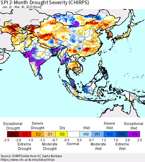 Asia SPI 2-Month Drought Severity (CHIRPS) Thematic Map For 1/21/2023 - 3/20/2023