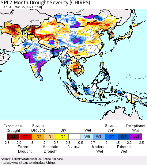 Asia SPI 2-Month Drought Severity (CHIRPS) Thematic Map For 1/26/2023 - 3/25/2023