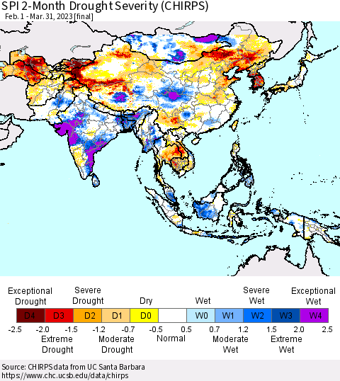 Asia SPI 2-Month Drought Severity (CHIRPS) Thematic Map For 2/1/2023 - 3/31/2023