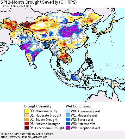 Asia SPI 2-Month Drought Severity (CHIRPS) Thematic Map For 2/6/2023 - 4/5/2023