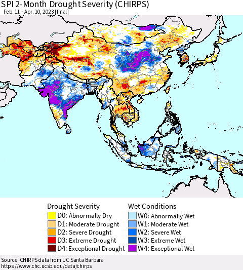 Asia SPI 2-Month Drought Severity (CHIRPS) Thematic Map For 2/11/2023 - 4/10/2023