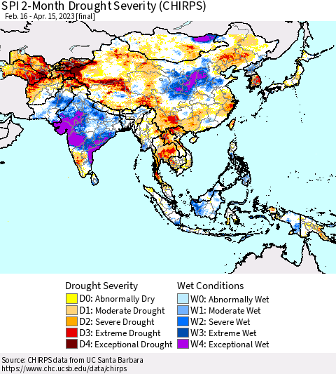 Asia SPI 2-Month Drought Severity (CHIRPS) Thematic Map For 2/16/2023 - 4/15/2023