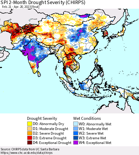 Asia SPI 2-Month Drought Severity (CHIRPS) Thematic Map For 2/21/2023 - 4/20/2023