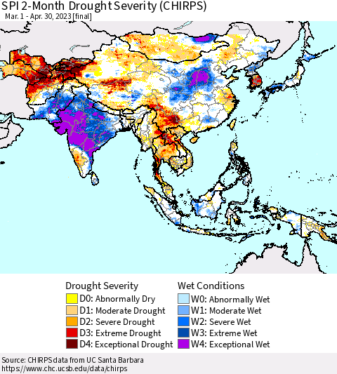 Asia SPI 2-Month Drought Severity (CHIRPS) Thematic Map For 3/1/2023 - 4/30/2023