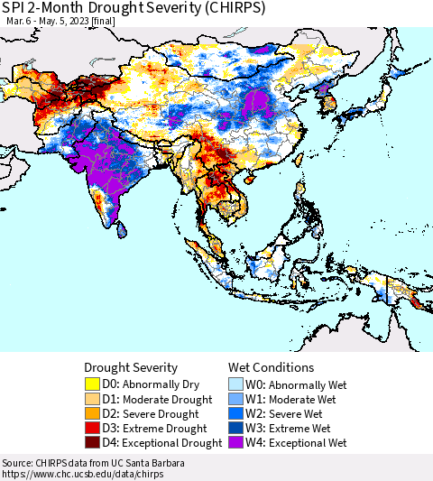 Asia SPI 2-Month Drought Severity (CHIRPS) Thematic Map For 3/6/2023 - 5/5/2023