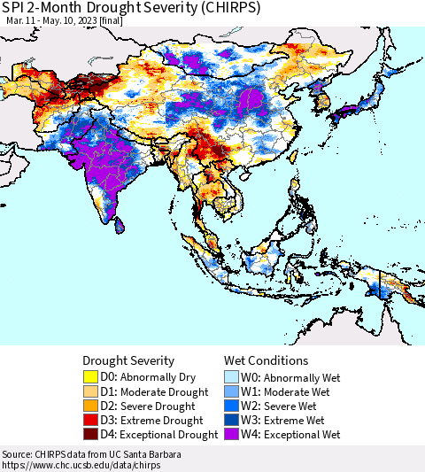 Asia SPI 2-Month Drought Severity (CHIRPS) Thematic Map For 3/11/2023 - 5/10/2023