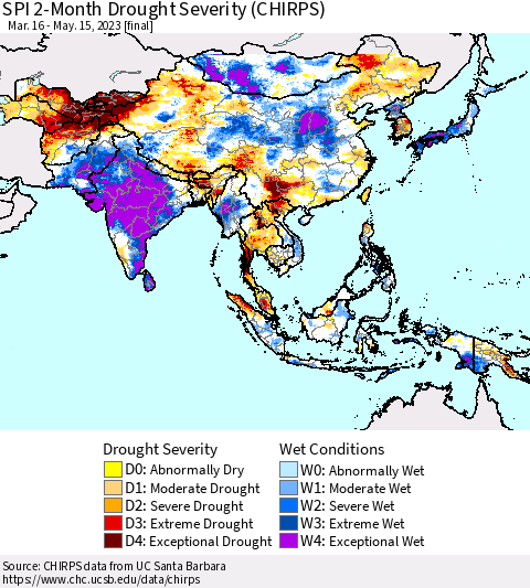 Asia SPI 2-Month Drought Severity (CHIRPS) Thematic Map For 3/16/2023 - 5/15/2023