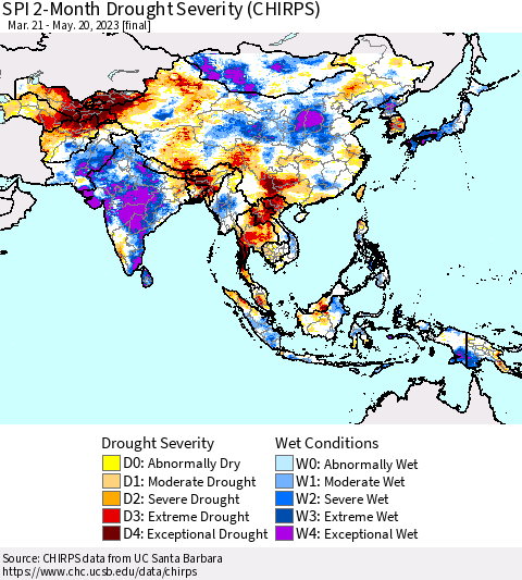 Asia SPI 2-Month Drought Severity (CHIRPS) Thematic Map For 3/21/2023 - 5/20/2023