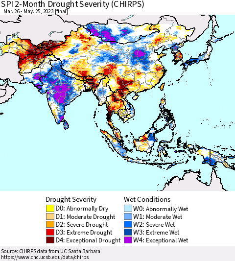 Asia SPI 2-Month Drought Severity (CHIRPS) Thematic Map For 3/26/2023 - 5/25/2023