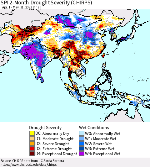 Asia SPI 2-Month Drought Severity (CHIRPS) Thematic Map For 4/1/2023 - 5/31/2023