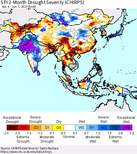 Asia SPI 2-Month Drought Severity (CHIRPS) Thematic Map For 4/6/2023 - 6/5/2023