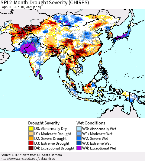 Asia SPI 2-Month Drought Severity (CHIRPS) Thematic Map For 4/11/2023 - 6/10/2023