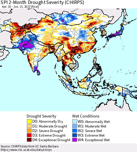 Asia SPI 2-Month Drought Severity (CHIRPS) Thematic Map For 4/16/2023 - 6/15/2023