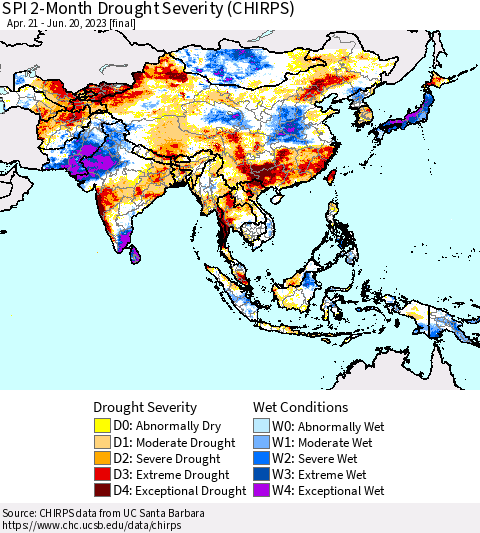 Asia SPI 2-Month Drought Severity (CHIRPS) Thematic Map For 4/21/2023 - 6/20/2023