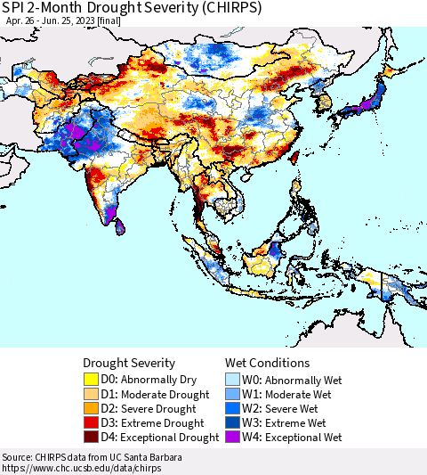 Asia SPI 2-Month Drought Severity (CHIRPS) Thematic Map For 4/26/2023 - 6/25/2023