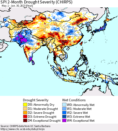 Asia SPI 2-Month Drought Severity (CHIRPS) Thematic Map For 5/1/2023 - 6/30/2023