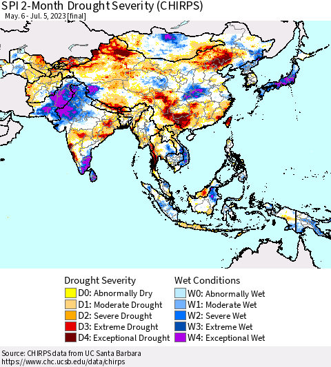 Asia SPI 2-Month Drought Severity (CHIRPS) Thematic Map For 5/6/2023 - 7/5/2023
