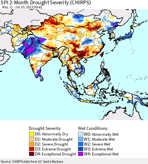 Asia SPI 2-Month Drought Severity (CHIRPS) Thematic Map For 5/11/2023 - 7/10/2023