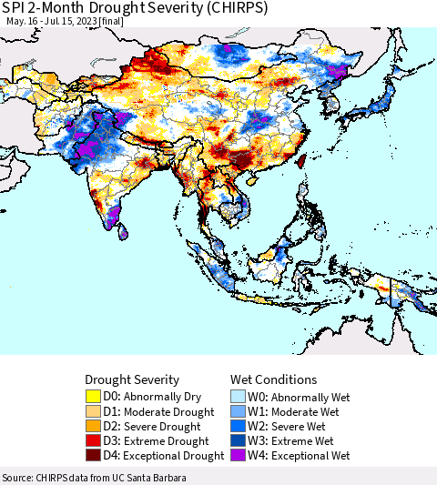 Asia SPI 2-Month Drought Severity (CHIRPS) Thematic Map For 5/16/2023 - 7/15/2023