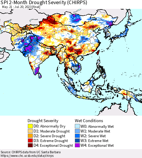 Asia SPI 2-Month Drought Severity (CHIRPS) Thematic Map For 5/21/2023 - 7/20/2023