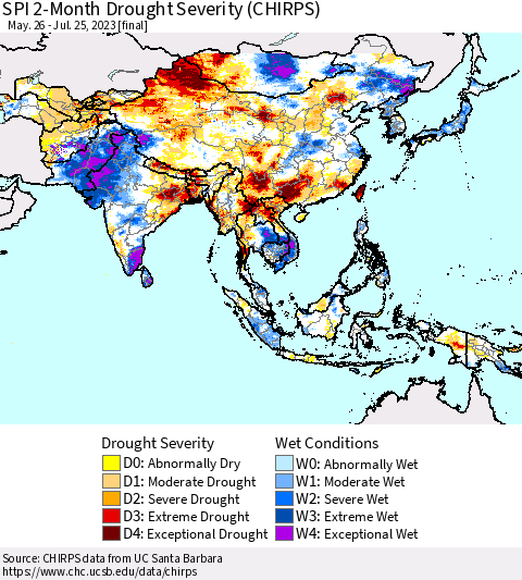 Asia SPI 2-Month Drought Severity (CHIRPS) Thematic Map For 5/26/2023 - 7/25/2023