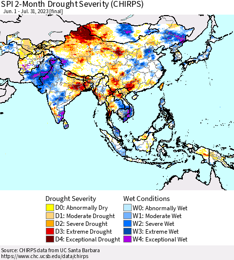 Asia SPI 2-Month Drought Severity (CHIRPS) Thematic Map For 6/1/2023 - 7/31/2023