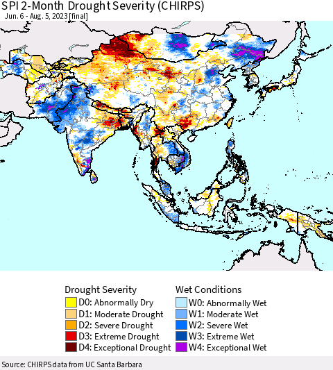 Asia SPI 2-Month Drought Severity (CHIRPS) Thematic Map For 6/6/2023 - 8/5/2023