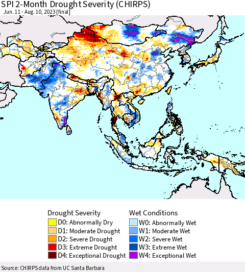 Asia SPI 2-Month Drought Severity (CHIRPS) Thematic Map For 6/11/2023 - 8/10/2023