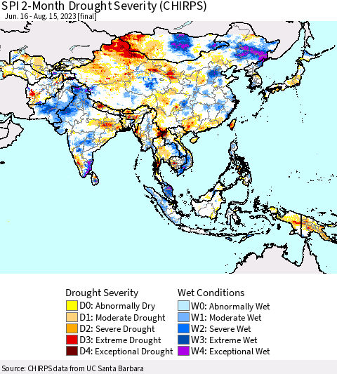 Asia SPI 2-Month Drought Severity (CHIRPS) Thematic Map For 6/16/2023 - 8/15/2023