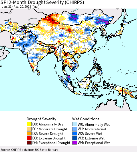 Asia SPI 2-Month Drought Severity (CHIRPS) Thematic Map For 6/21/2023 - 8/20/2023