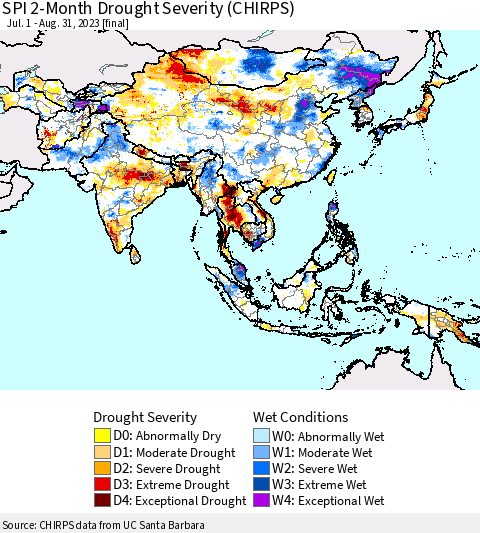 Asia SPI 2-Month Drought Severity (CHIRPS) Thematic Map For 7/1/2023 - 8/31/2023