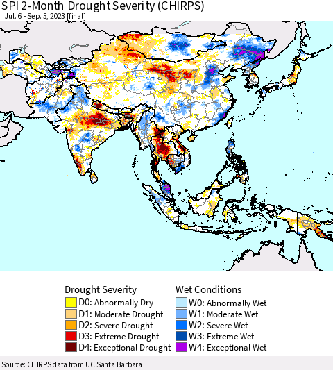 Asia SPI 2-Month Drought Severity (CHIRPS) Thematic Map For 7/6/2023 - 9/5/2023